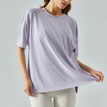  Трансграничная весенне-летняя сетчатая свободная одежда для занятий йогой с короткими рукавами, женская футболка с разрезом по низу, повседневный длинный топ для фитнеса