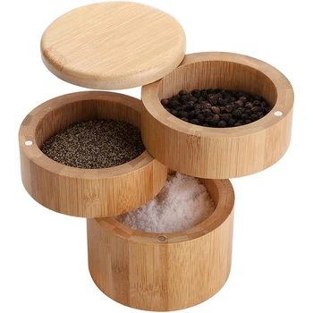  3-Ярусная бамбуковая коробка для соли, бамбуковая коробка для специй С магнитной поворотной крышкой Для соли, специй, приправ, коробка для перца с крышкой