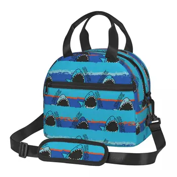  Мультяшная Акула На синих полосках, Большие термоизолированные сумки для ланча С регулируемым плечевым ремнем, Портативный термоохладитель для ланча