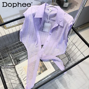  Летняя Новая короткая рубашка без рукавов с фиолетовыми стразами, женский милый плиссированный топ с длинными рукавами и пуговицами в стиле Ретро Camisas Mujer