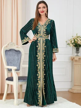  Женское осенне-зимнее длинное платье с разрезом и длинными рукавами, женское арабское бархатное платье, модное элегантное повседневное мусульманское платье, vestidos