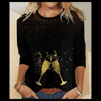  Зимний винтажный пуловер с круглым вырезом, осенние женские элегантные топы с длинными рукавами, трендовая уличная одежда, Черная футболка с принтом