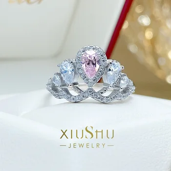  Розовое кольцо с розовым бриллиантом s925 с модным темпераментом, нишевая корона с розовым бриллиантом в виде вишневого цветка, свадьба с высокоуглеродистым бриллиантом