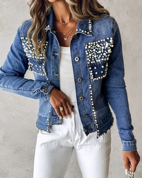  Новая женская джинсовая куртка 2023 года, хит продаж, повседневная мода, украшенная стразами и жемчугом, в наличии