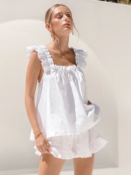  Летом 2023 года новая французская пижама из чистого хлопка без рукавов с белыми фланцевыми подтяжками, хлопковая пижама из конопли, женская домашняя одежда