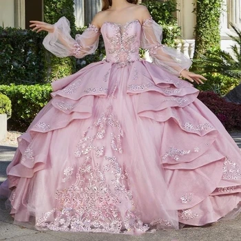  Розовое Блестящее Пышное Платье С Открытыми Плечами И Длинными Рукавами С Объемной Аппликацией Из Многоуровневого Тюля Vestidos Prom Vestidos De Baile Custom M