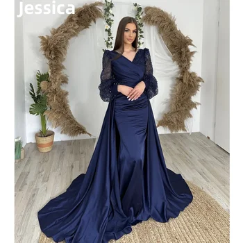  Платья для выпускного вечера Jessica Темно-синего цвета, атласные вечерние платья с длинным рукавом и пайетками, плащ Русалки, женская официальная одежда, вечерние платья для вечеринок.