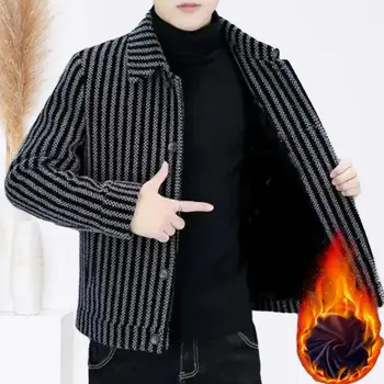  Стильная мужская верхняя одежда, полосатый однобортный мужской кардиган, пальто, толстая теплая куртка средней длины в деловом стиле для повседневного использования, плюс