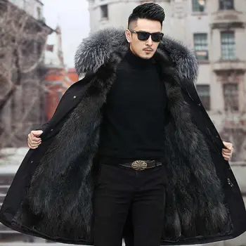  Европейский тренд Зимнее мужское пальто со съемной подкладкой из соболя, имитация меха Лисы, енотовидной собаки, Одежда с капюшоном, Длинная толстая шуба из меха