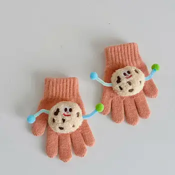  Детские перчатки Забавные красочные детские зимние перчатки для мальчиков и девочек с мультяшным декором в виде печенья, вязаные перчатки с ребристыми манжетами на осень